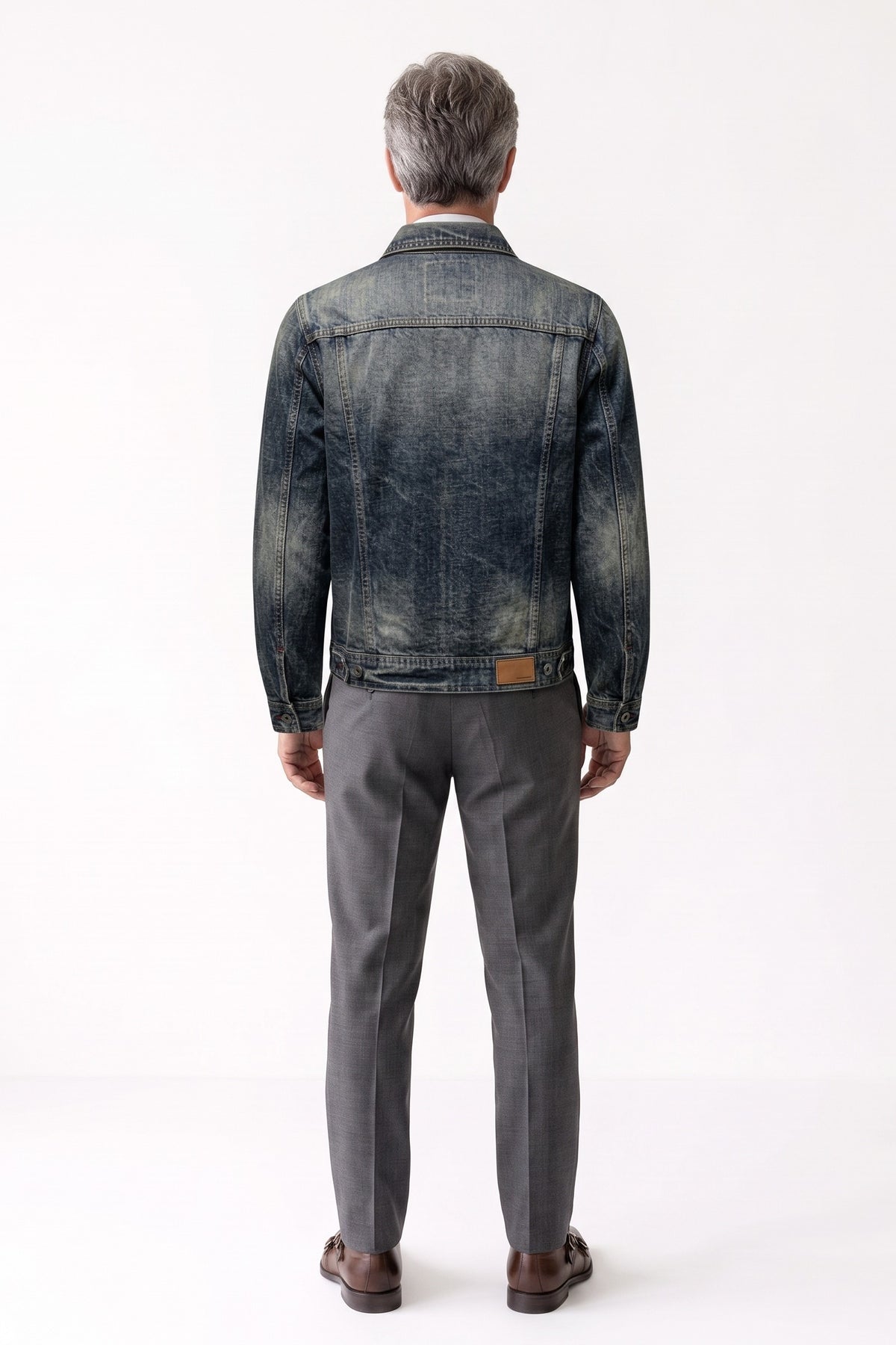 Men's Trucker Jacket | Snap Chest Pockets — Blue — back view — on model