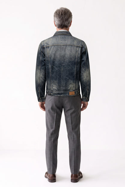 Men's Trucker Jacket | Snap Chest Pockets — Blue — back view — on model