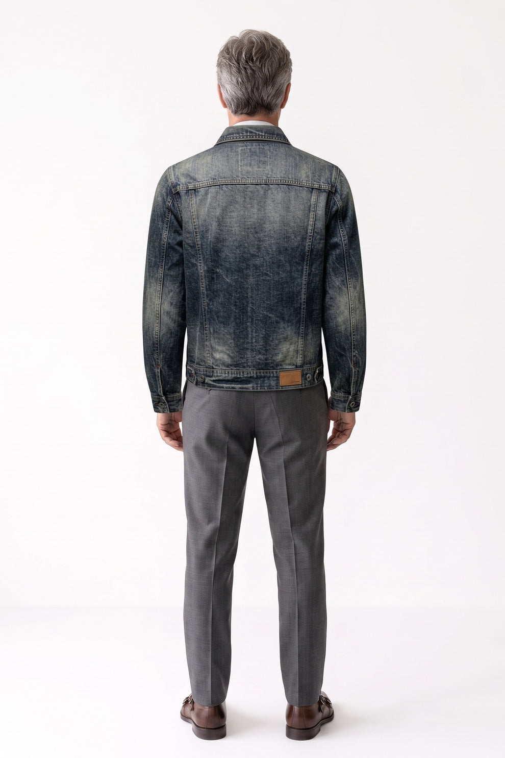 Men's Trucker Jacket | Snap Chest Pockets — Blue — back view — on model