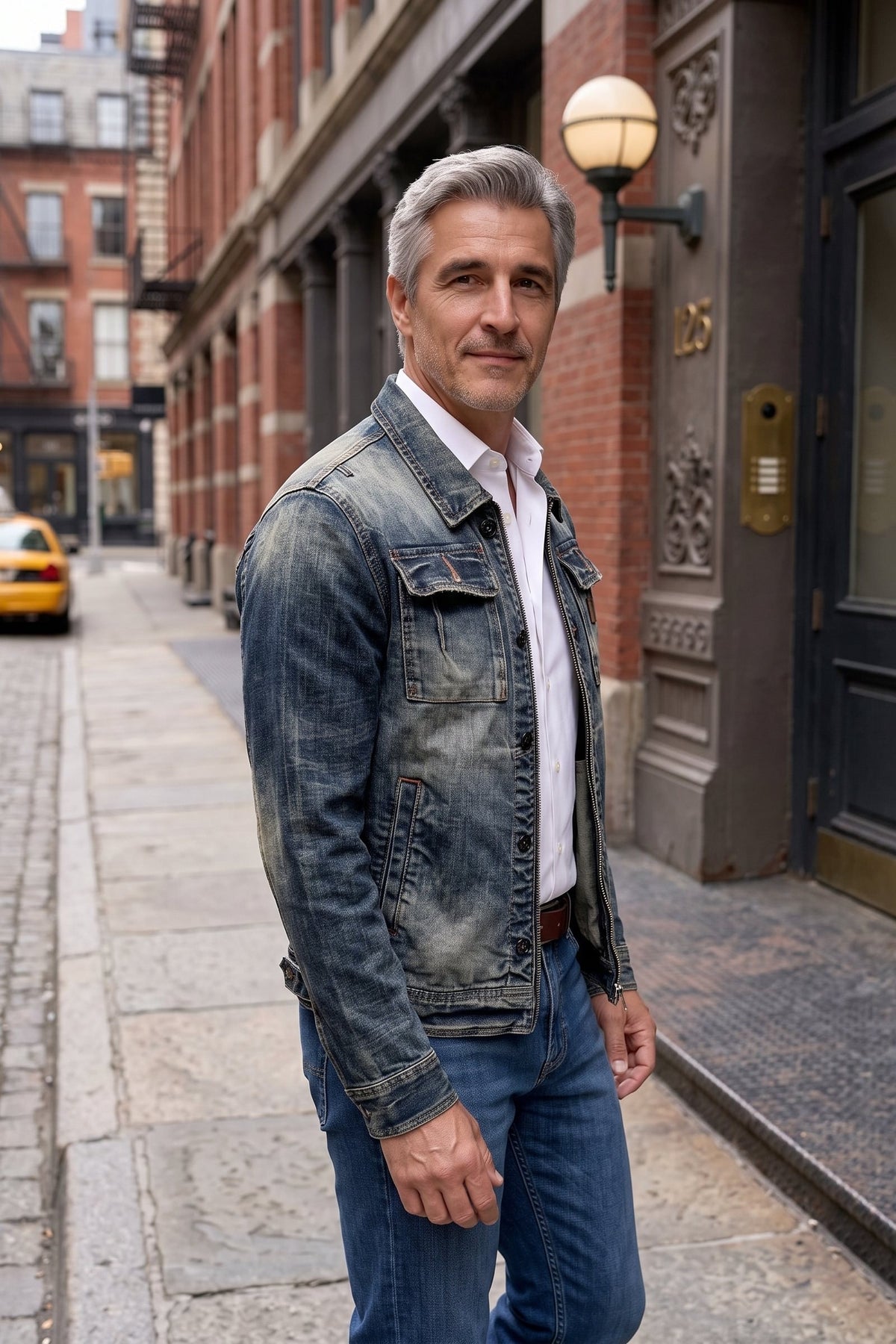 Men's Trucker Jacket | Snap Chest Pockets — Blue — lifestyle — on model
