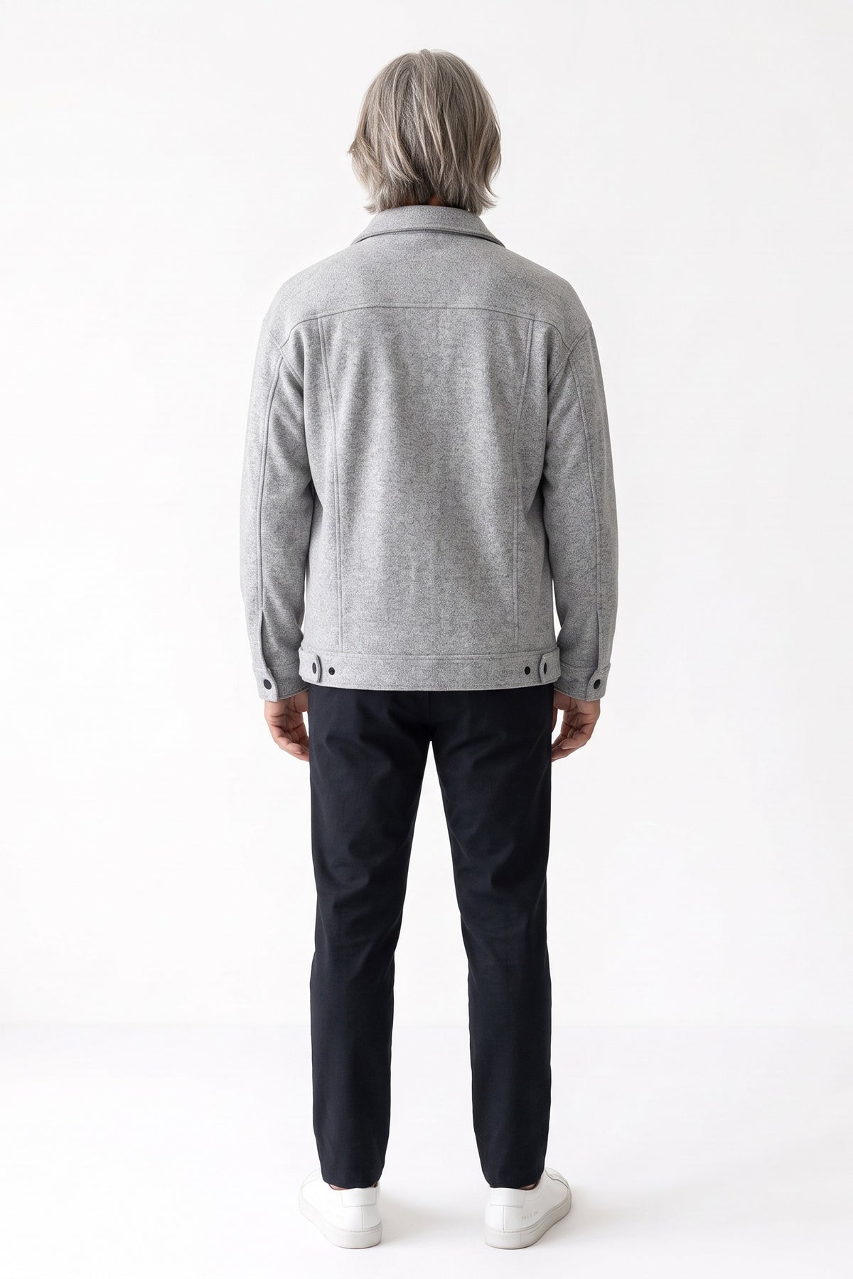 Men's Trucker Jean Jacket | Snap Closure — Light Grey — back view — on model