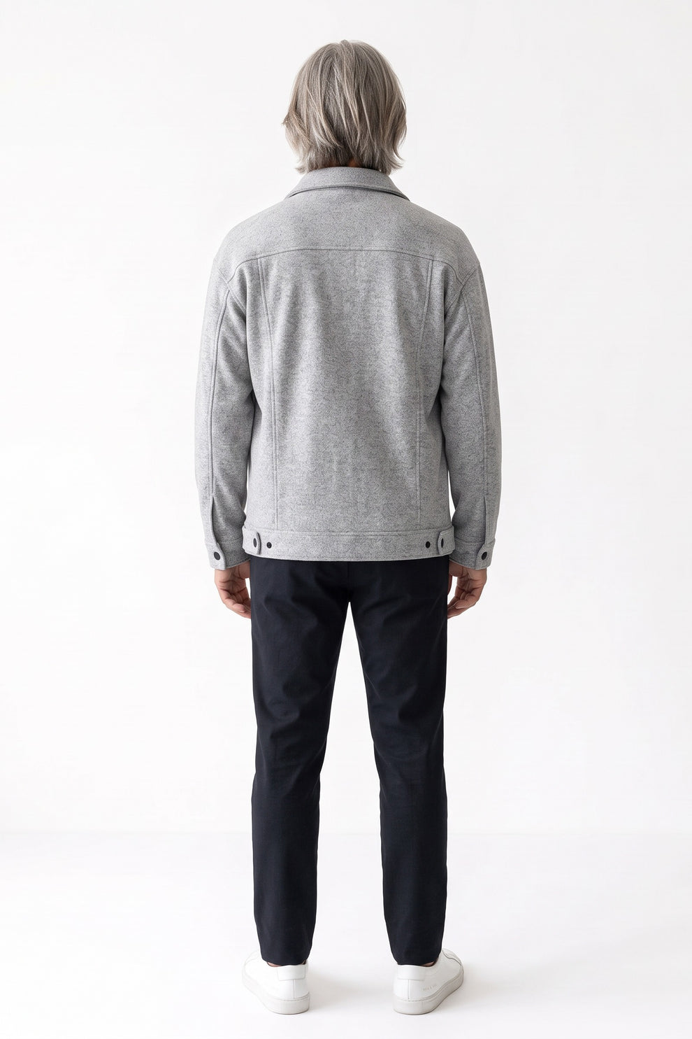 Men's Trucker Jean Jacket | Snap Closure — Light Grey — back view — on model