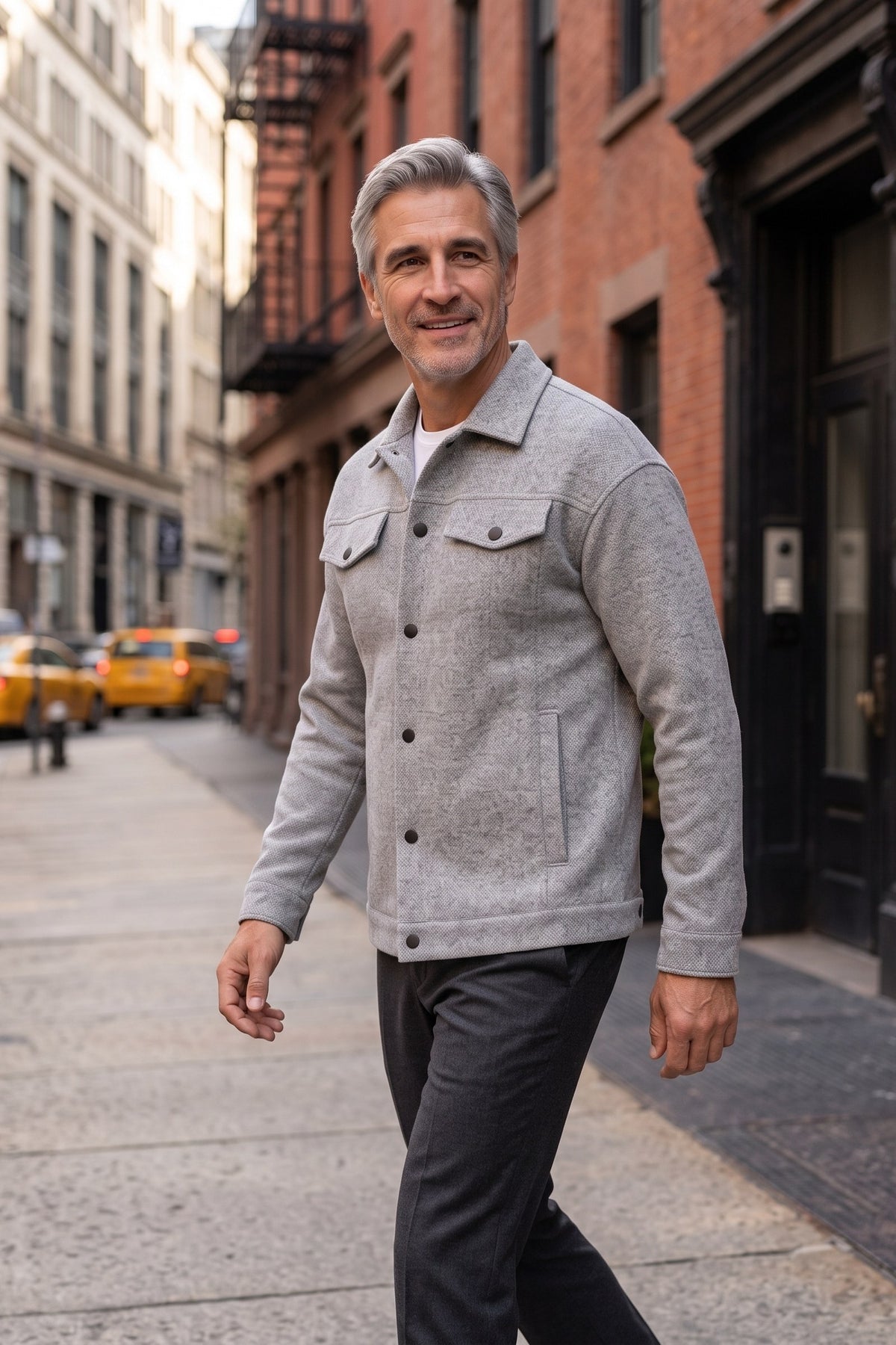 Men's Trucker Jean Jacket | Snap Closure — Light Grey — lifestyle — on model