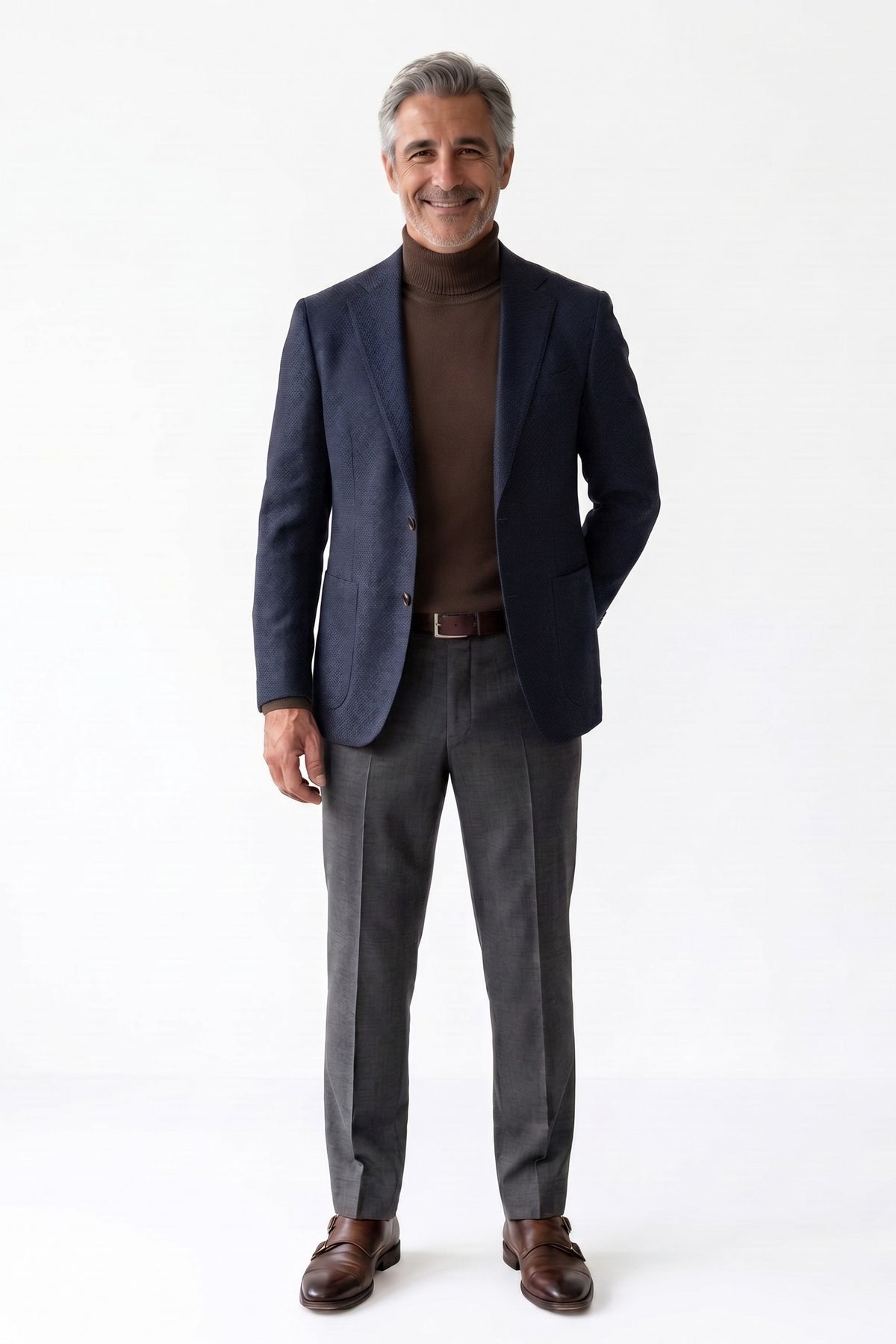 Men's Turtleneck Sweater | Ribbed Cuffs — Brown — front view — on model