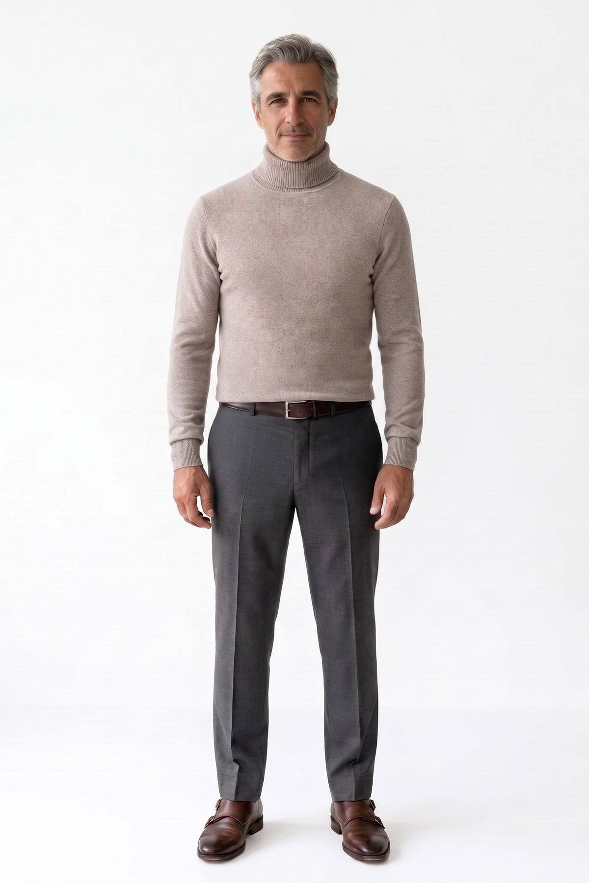 Men's Turtleneck Sweater | Ribbed Cuffs — Light Brown — front view — on model