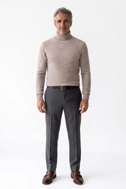 Men's Turtleneck Sweater | Ribbed Cuffs — Light Brown — front view — on model