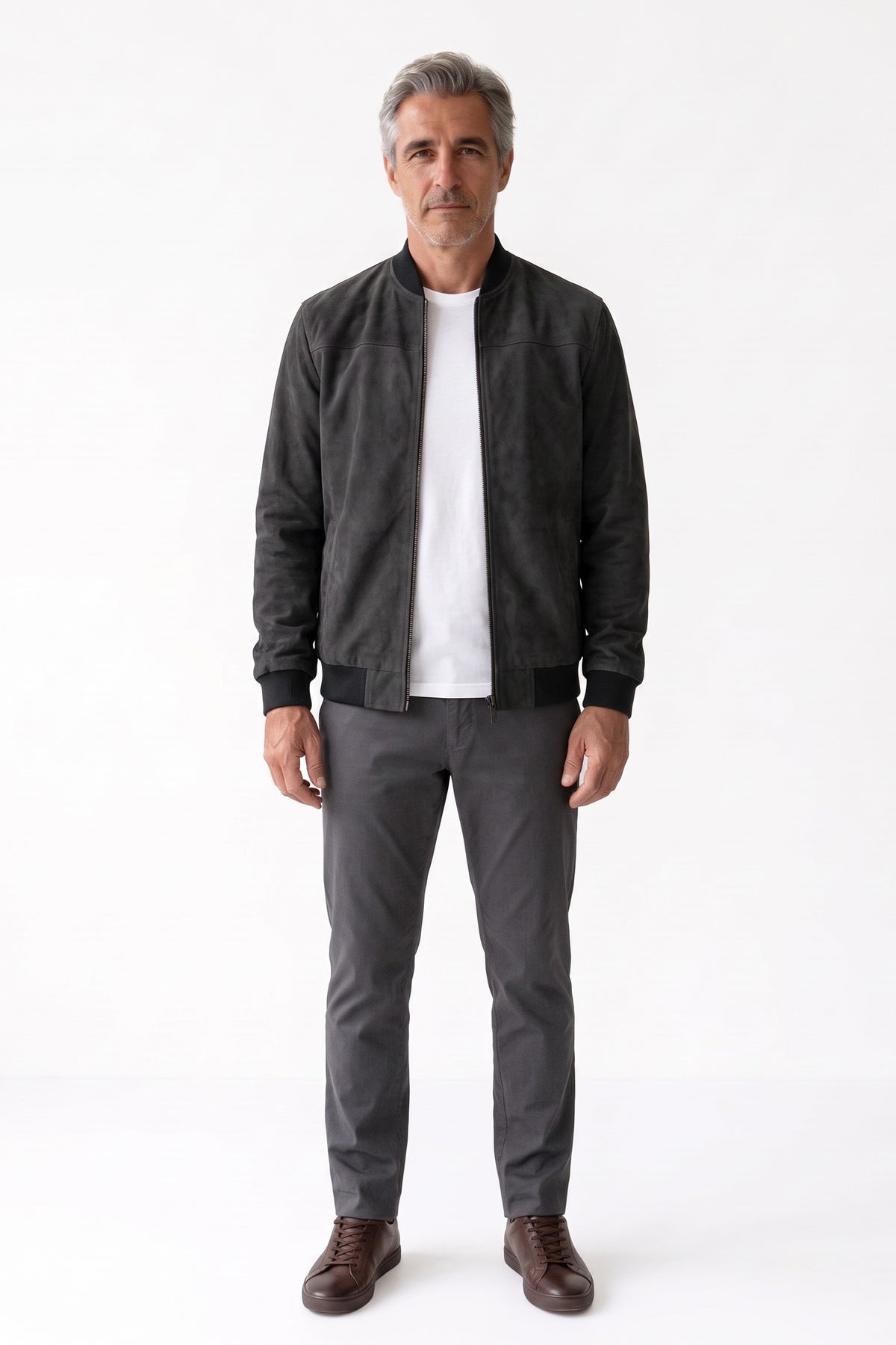 Men's Zip-Up Bomber Jacket | Stand Collar — Black — front view — on model