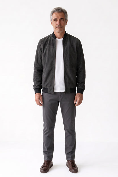 Men's Zip-Up Bomber Jacket | Stand Collar — Black — front view — on model