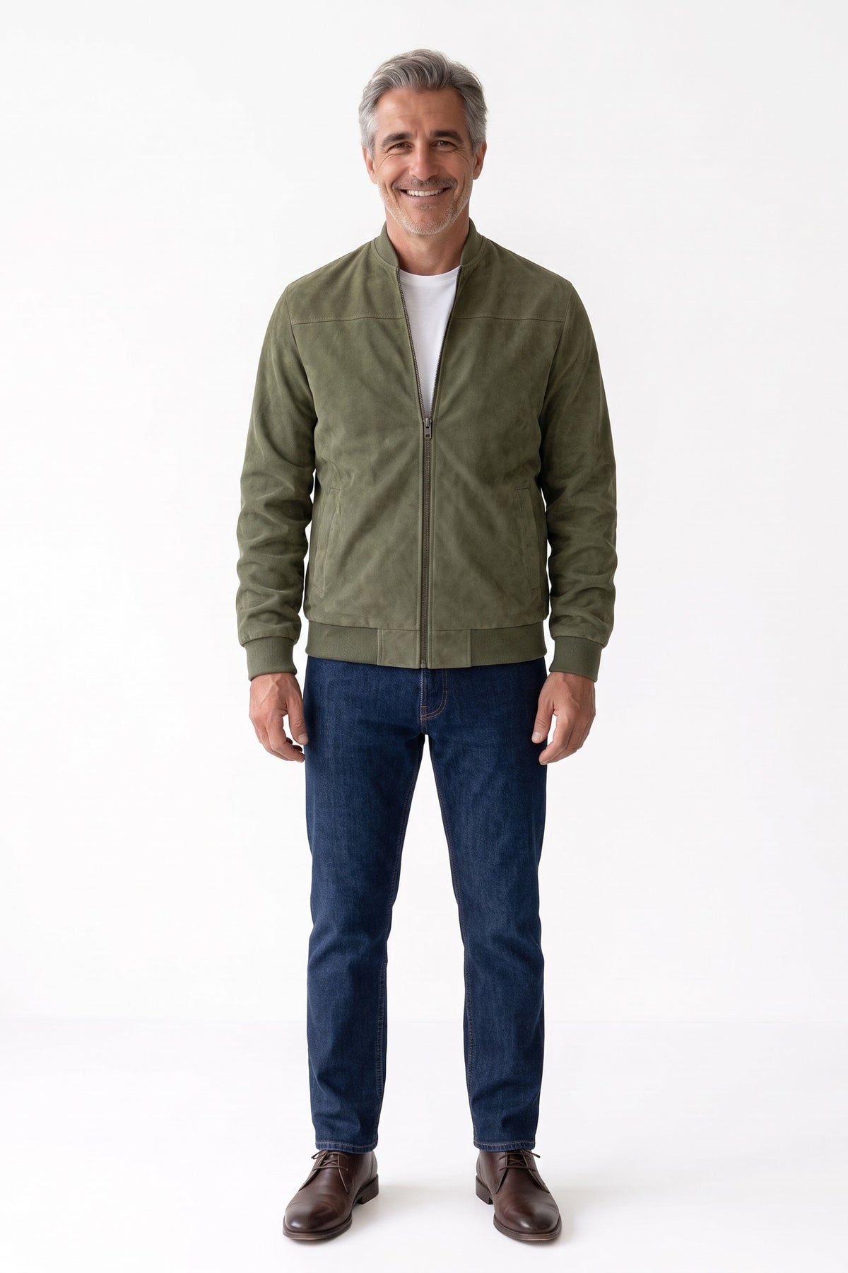 Men's Zip-Up Bomber Jacket | Stand Collar — Green — front view — on model