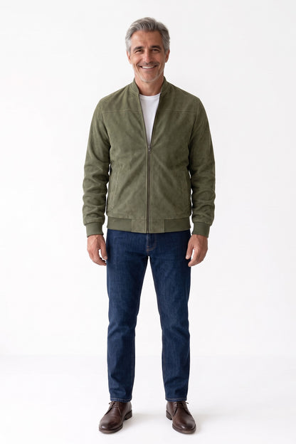 Men's Zip-Up Bomber Jacket | Stand Collar — Green — front view — on model
