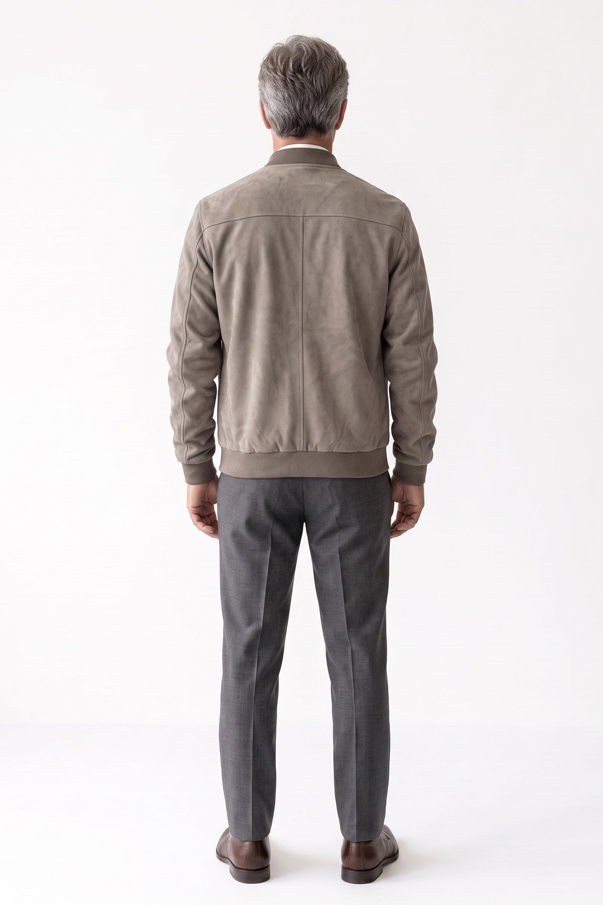 Men's Zip-Up Bomber Jacket | Stand Collar — Khaki — back view — on model