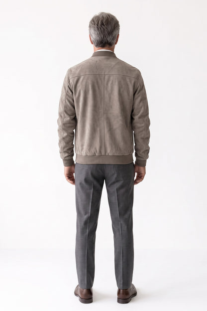 Men's Zip-Up Bomber Jacket | Stand Collar — Khaki — back view — on model