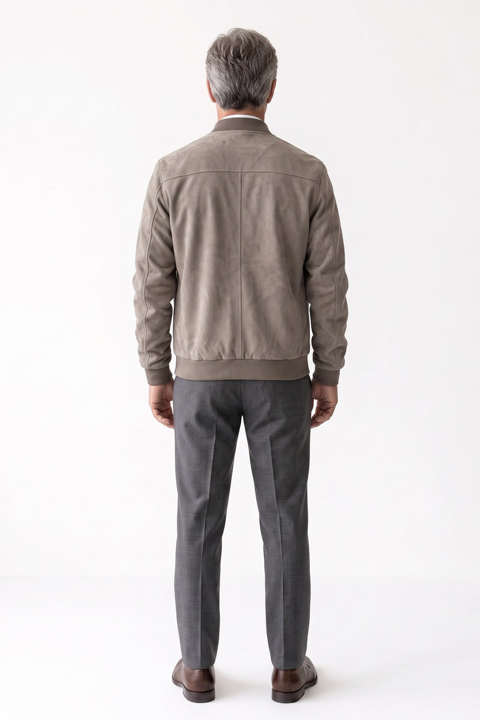 Men's Zip-Up Bomber Jacket | Stand Collar — Khaki — back view — on model