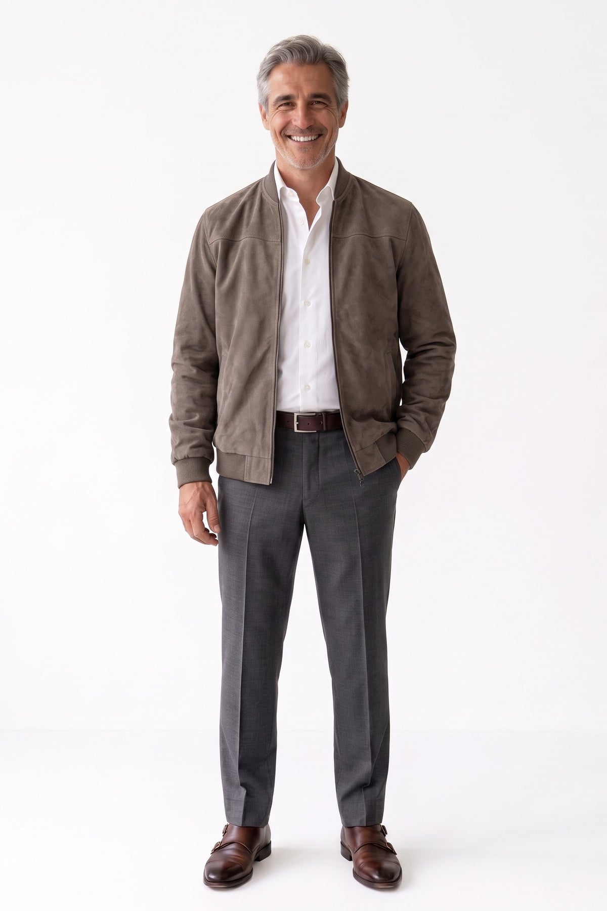 Men's Zip-Up Bomber Jacket | Stand Collar — Khaki — front view — on model
