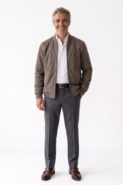 Men's Zip-Up Bomber Jacket | Stand Collar — Khaki — front view — on model
