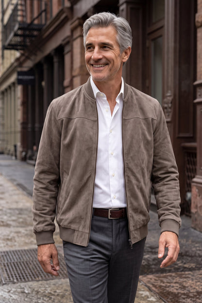 Men's Zip-Up Bomber Jacket | Stand Collar — Khaki — lifestyle — on model