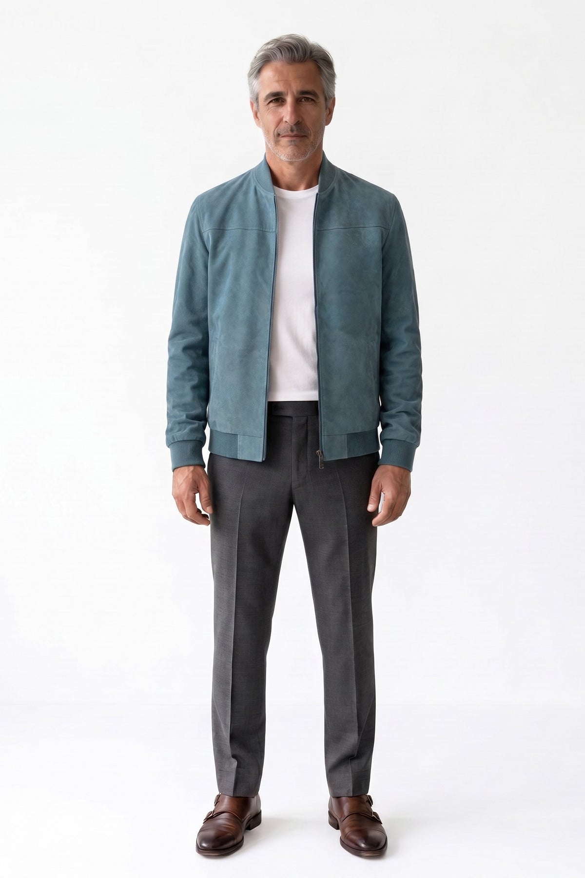 Men's Zip-Up Bomber Jacket | Stand Collar — Light Blue — front view — on model