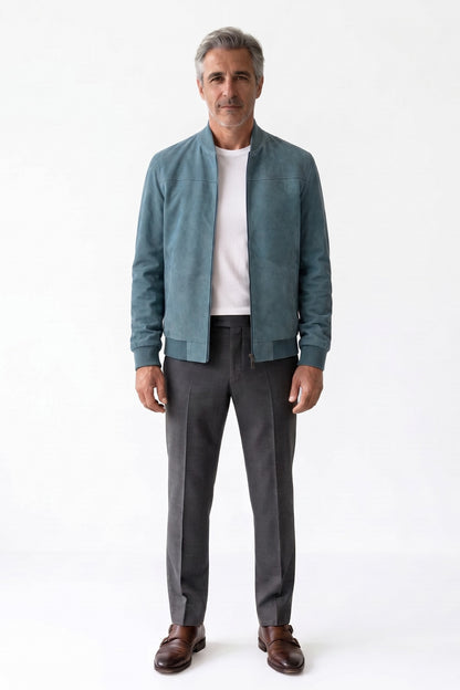 Men's Zip-Up Bomber Jacket | Stand Collar — Light Blue — front view — on model