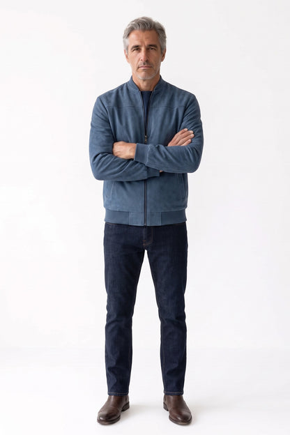 Men's Zip-Up Bomber Jacket | Stand Collar — Navy — front view — on model