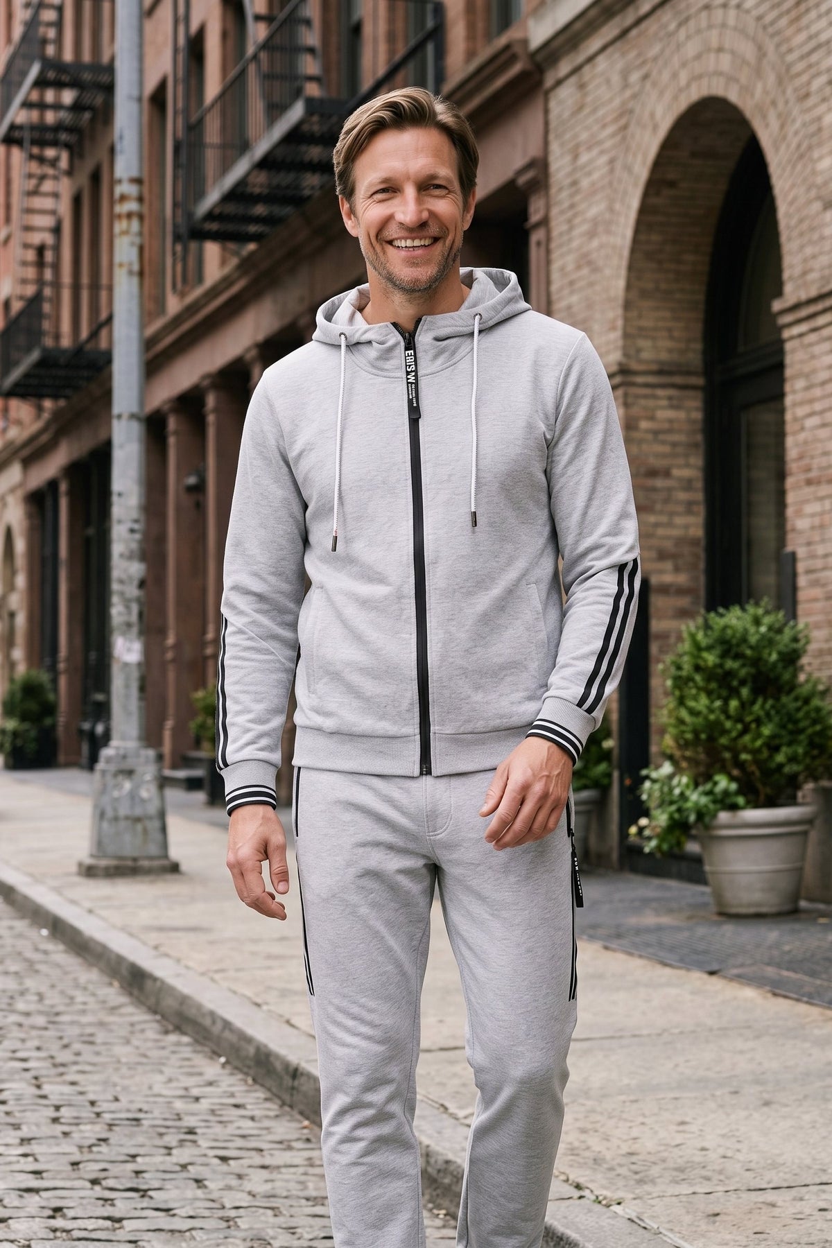 Men's Zip-Up Tracksuit Set | Striped Trim — Grey — lifestyle — on model