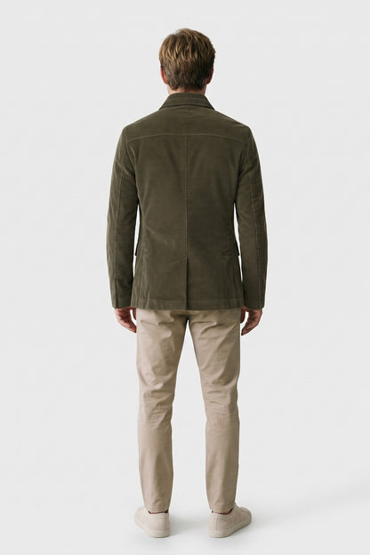 Men's Stand Collar Jacket | Button Front — Military Green — back view — on model