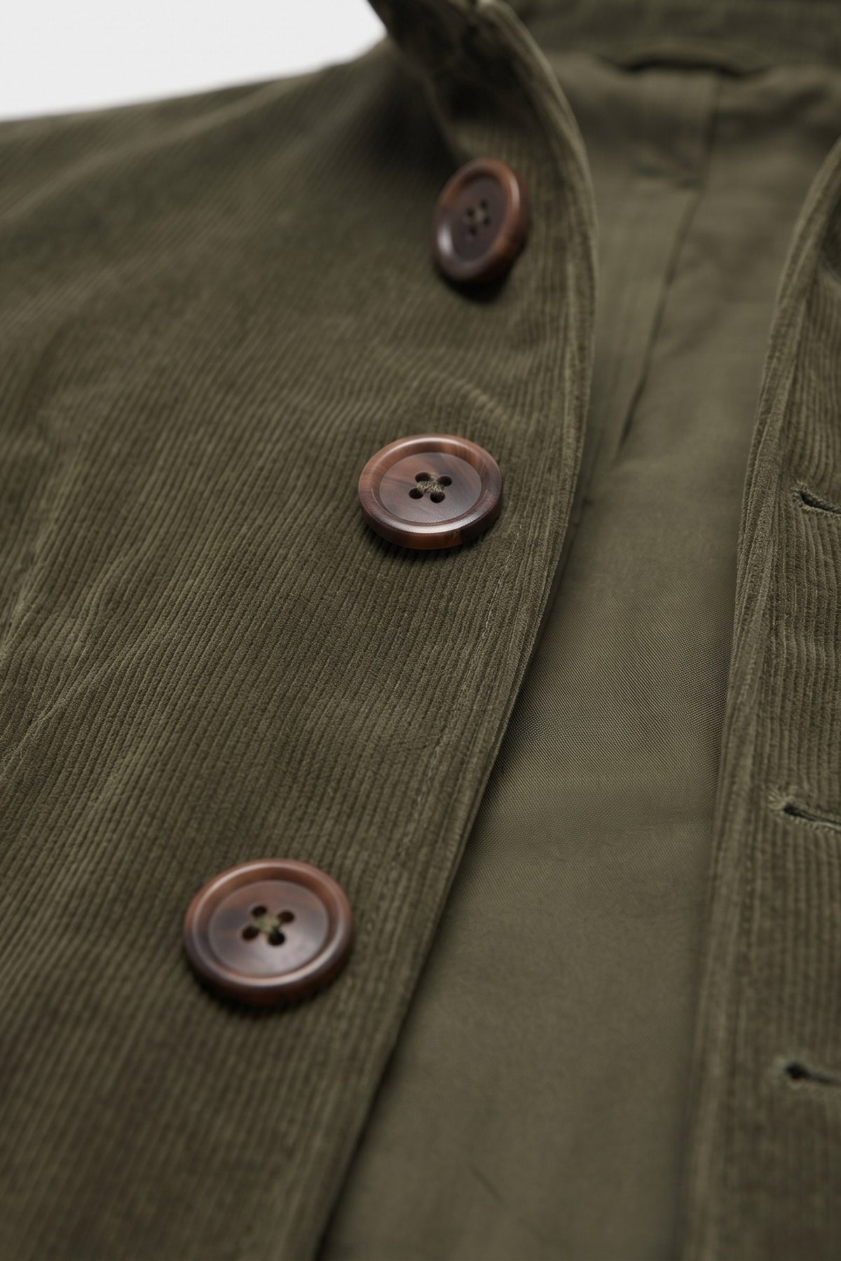 Men's Stand Collar Jacket | Button Front — Military Green — detail — on model
