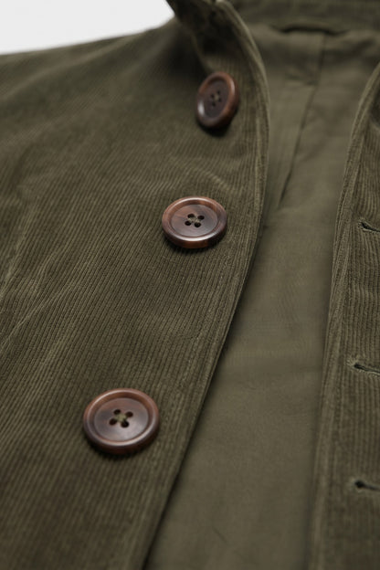 Men's Stand Collar Jacket | Button Front — Military Green — detail — on model
