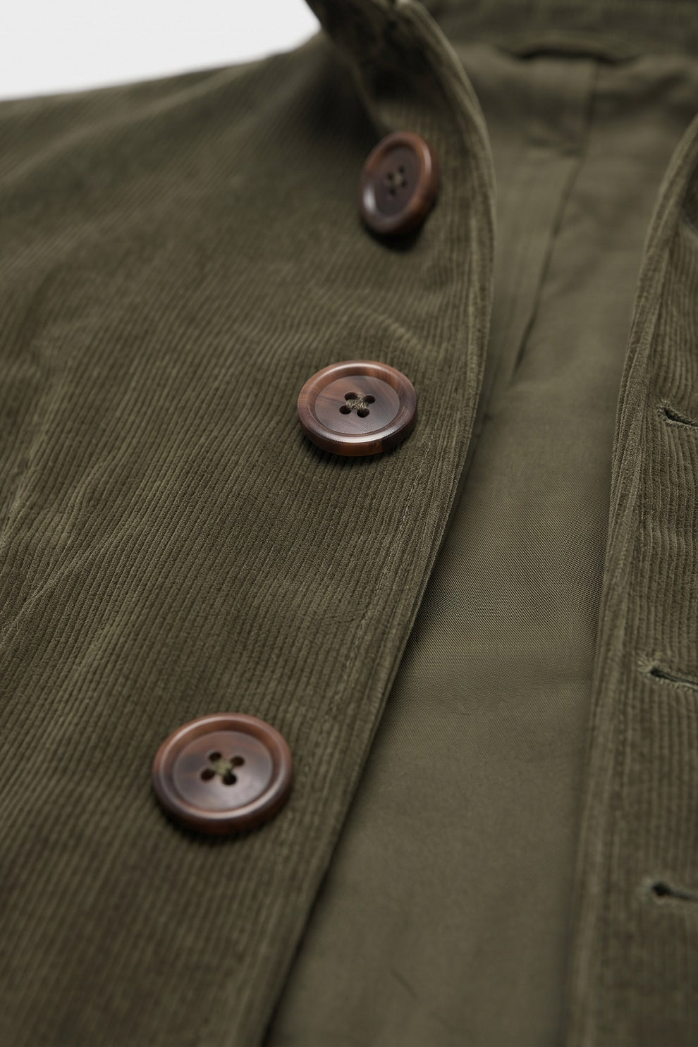 Men's Stand Collar Jacket | Button Front — Military Green — detail — on model