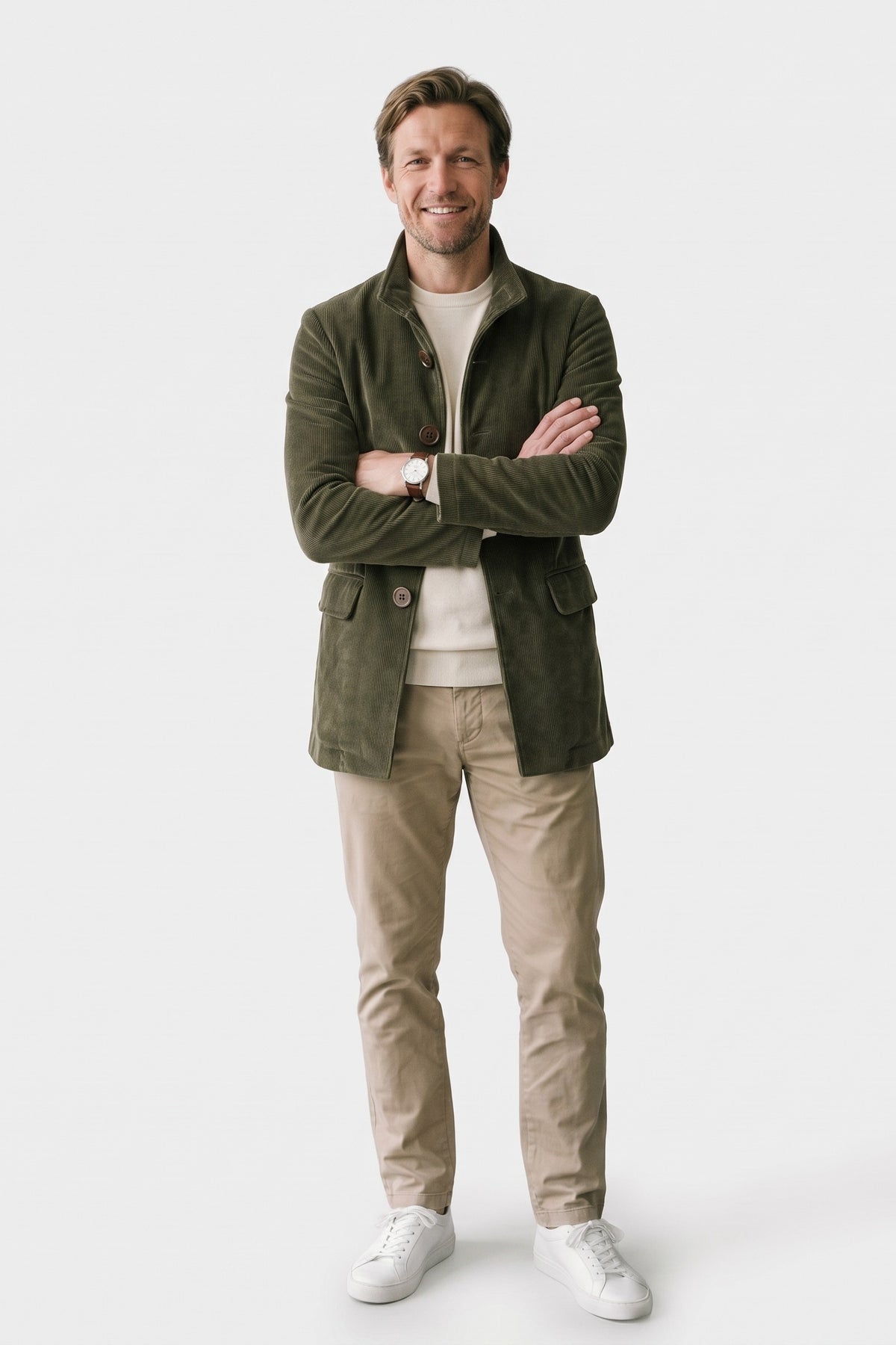 Men's Stand Collar Jacket | Button Front — Military Green — front view — on model