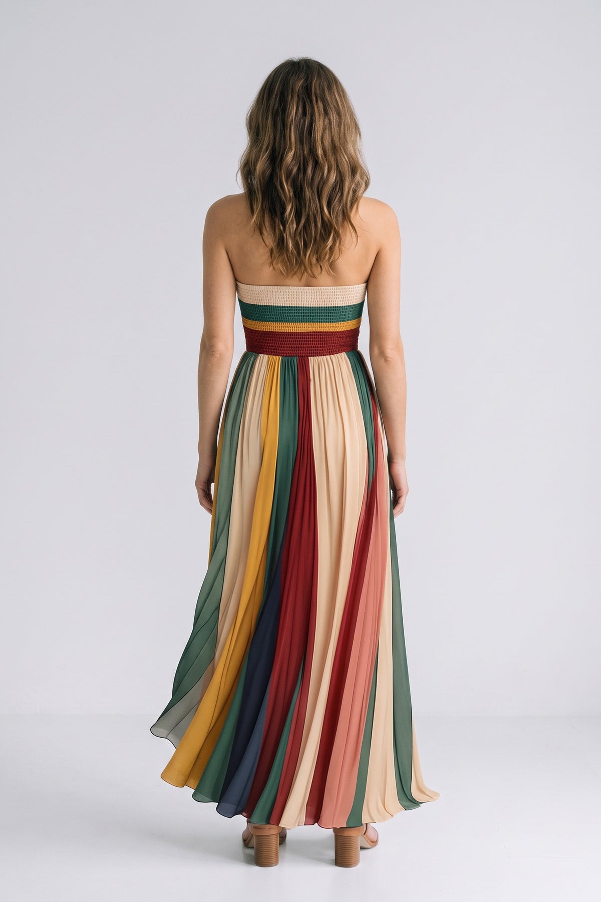 Women's Fall Wedding Guest Dress | Strapless Pleated Maxi — Multicolor Stripe — back view — on model
