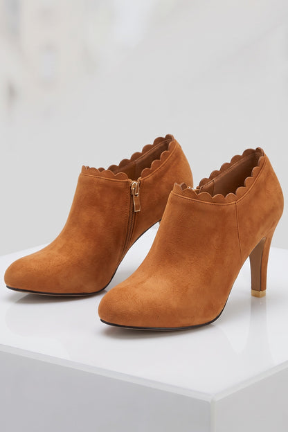 Women's Scalloped Ankle Boots | Zip Side — Mustard — shoe_main — on model