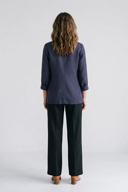 Women's Notched Lapel Blazer | Curved Hem — Navy — back view — on model