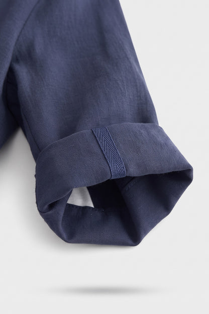 Women's Notched Lapel Blazer | Curved Hem — Navy — detail — on model