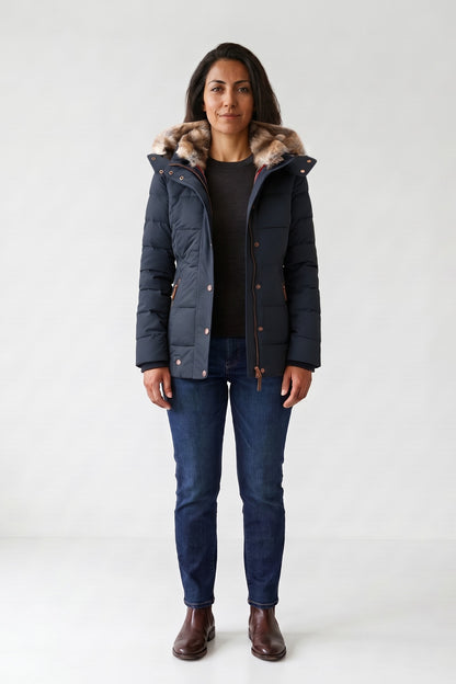 Women's Puffer Jacket | Fur-Trimmed Hood — Navy — front view — on model
