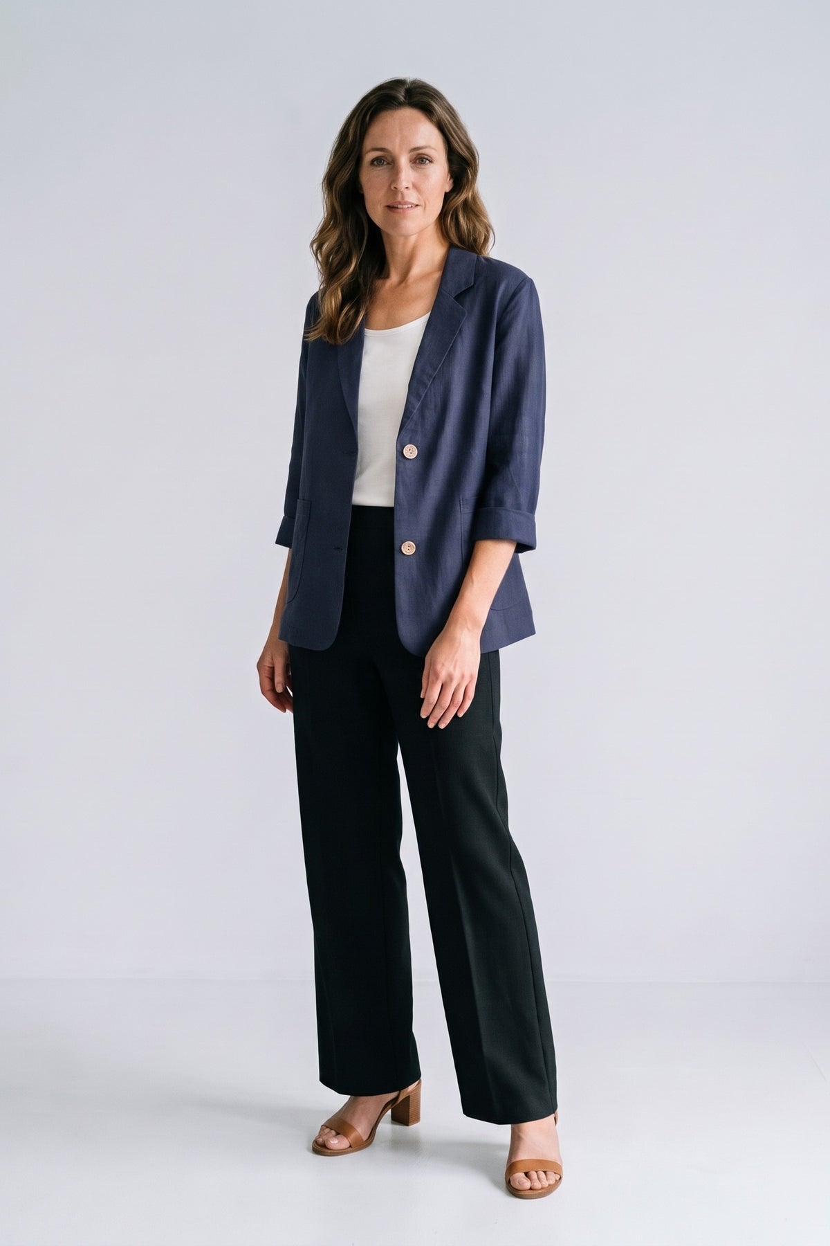 Women's Notched Lapel Blazer | Curved Hem — Navy — front view — on model