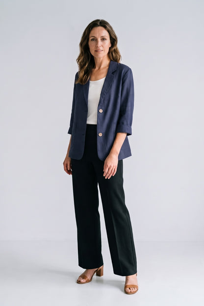 Women's Notched Lapel Blazer | Curved Hem — Navy — front view — on model