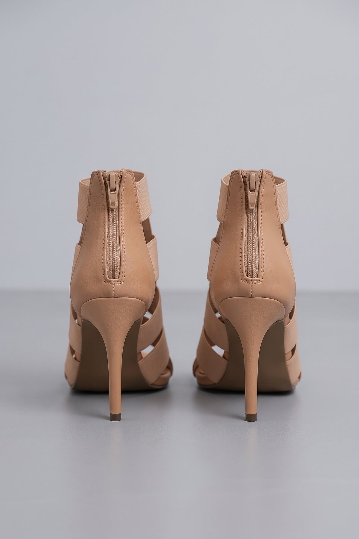 Women's Strappy Heeled Sandals | Open Toe — Nude — shoe_back — on model