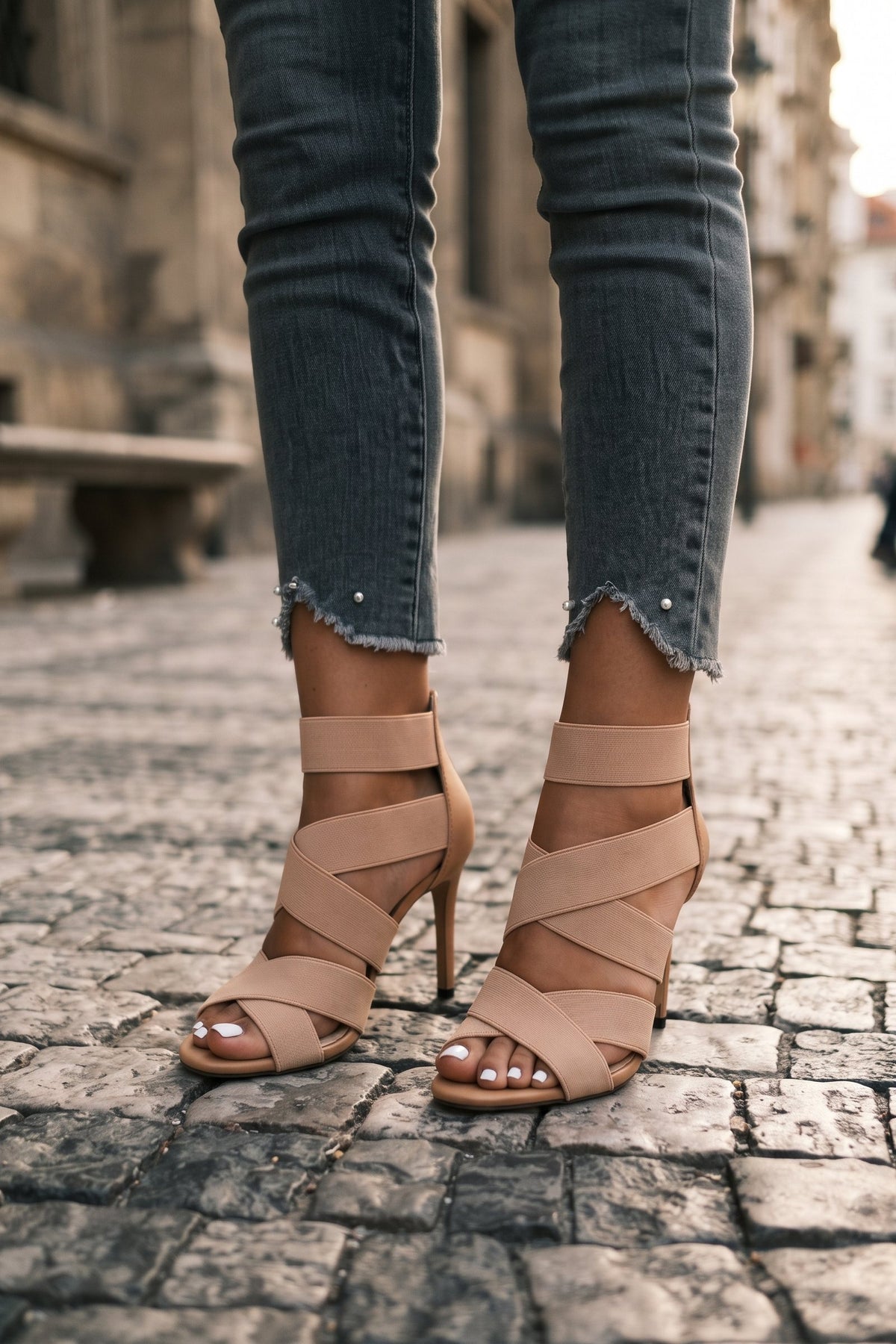 Women's Strappy Heeled Sandals | Open Toe — Nude — shoe_worn — on model