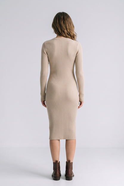 Women's Fall Sweater Dress | Ribbed Knit Midi with Collar — Oatmeal — back view — on model