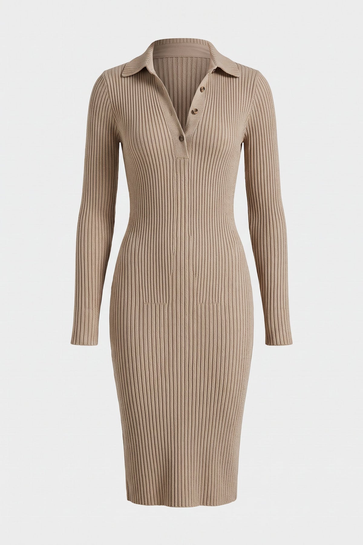 Women's Fall Sweater Dress | Ribbed Knit Midi with Collar — Oatmeal — packshot
