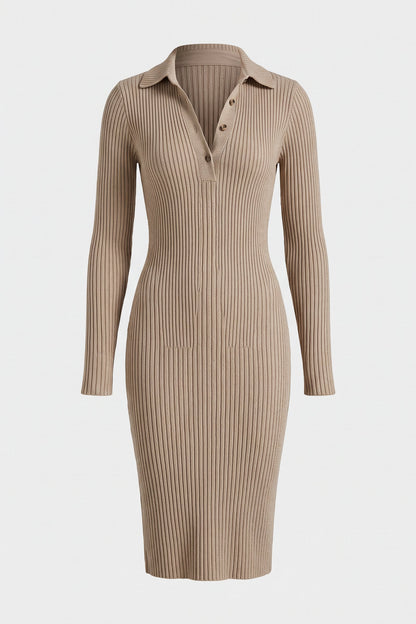 Women's Fall Sweater Dress | Ribbed Knit Midi with Collar — Oatmeal — packshot