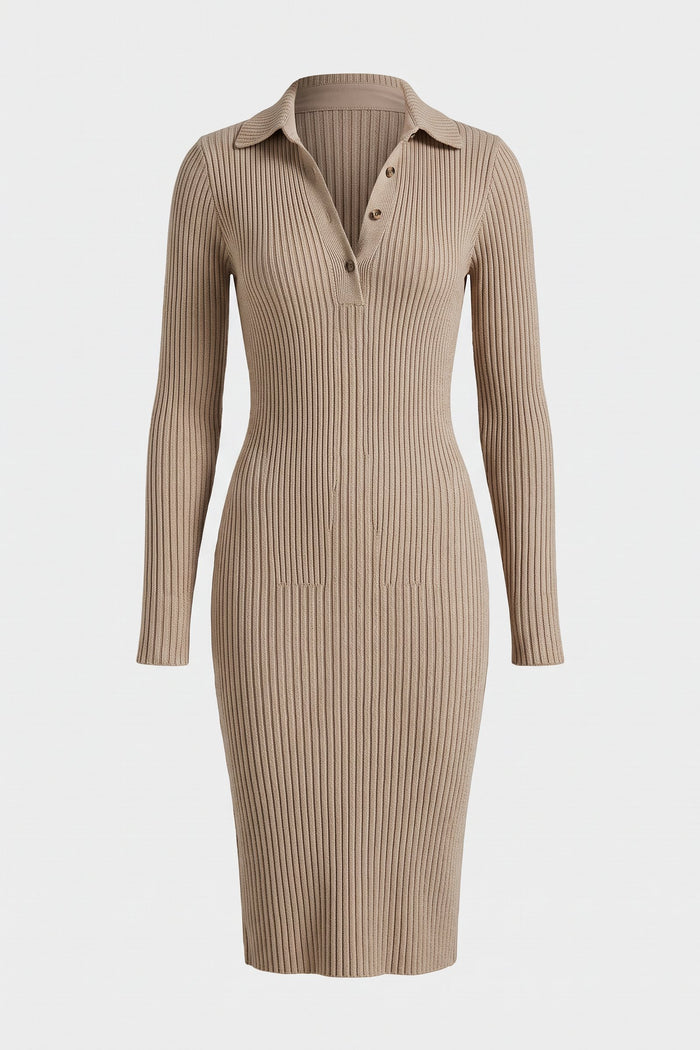 Women's Fall Sweater Dress | Ribbed Knit Midi with Collar — Oatmeal — packshot