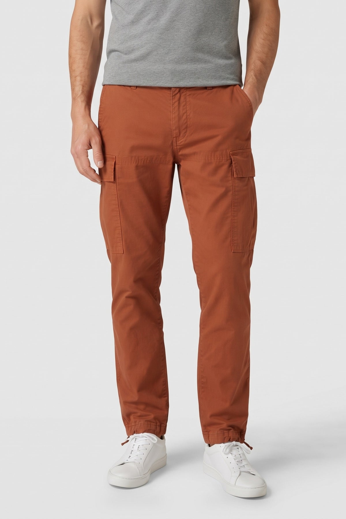 Men's Cargo Pants | Drawstring Ankle Cuffs — Orange — front view — on model