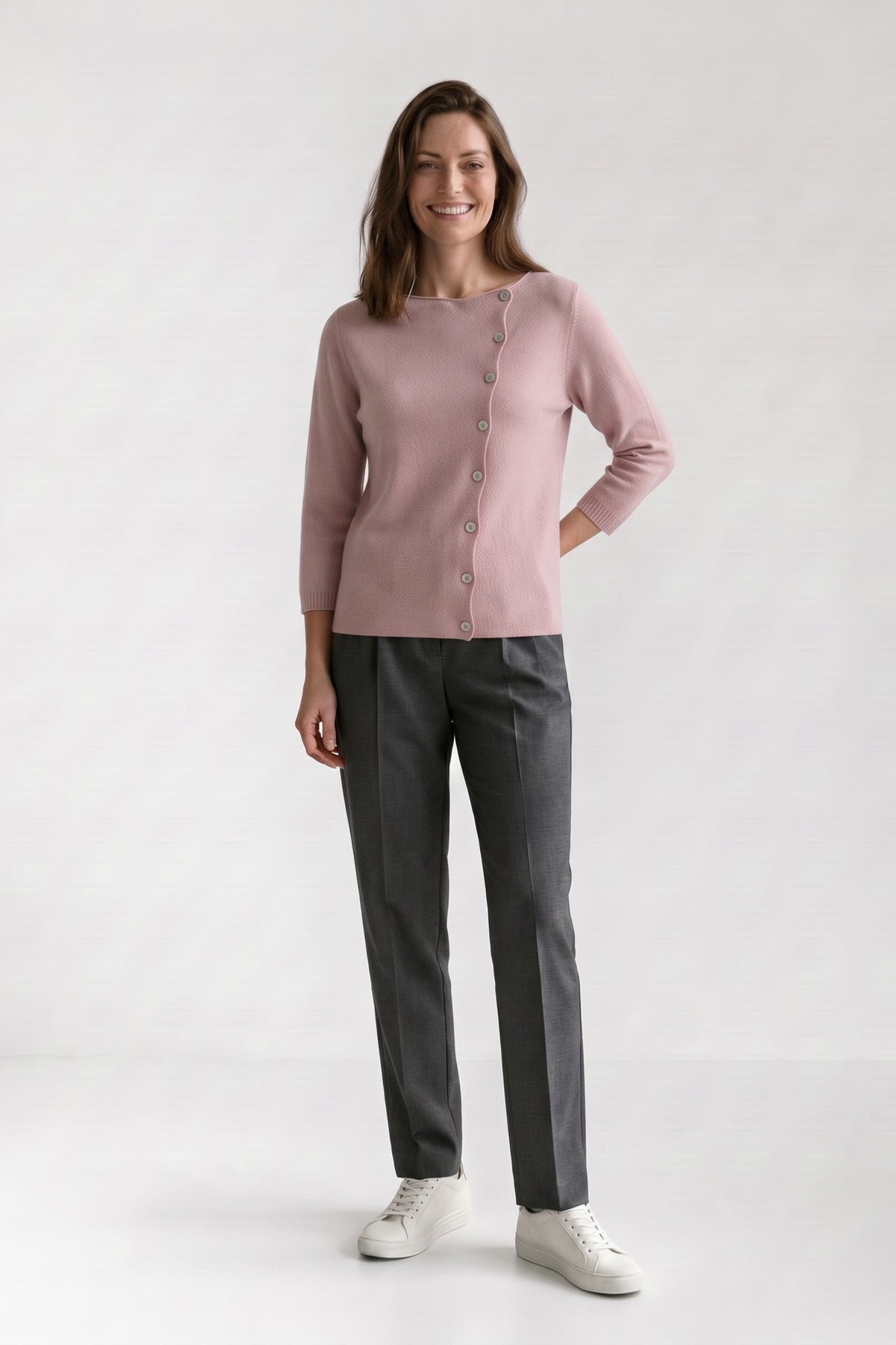 Women's Cardigan Sweaters | Button Front — Pink 1 — front view — on model