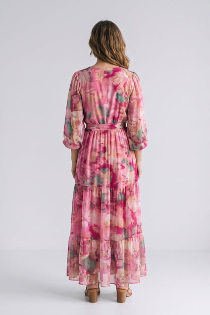Women's Fall Wedding Guest Dress | Floral Long Sleeve Maxi — Pink Floral — back view — on model