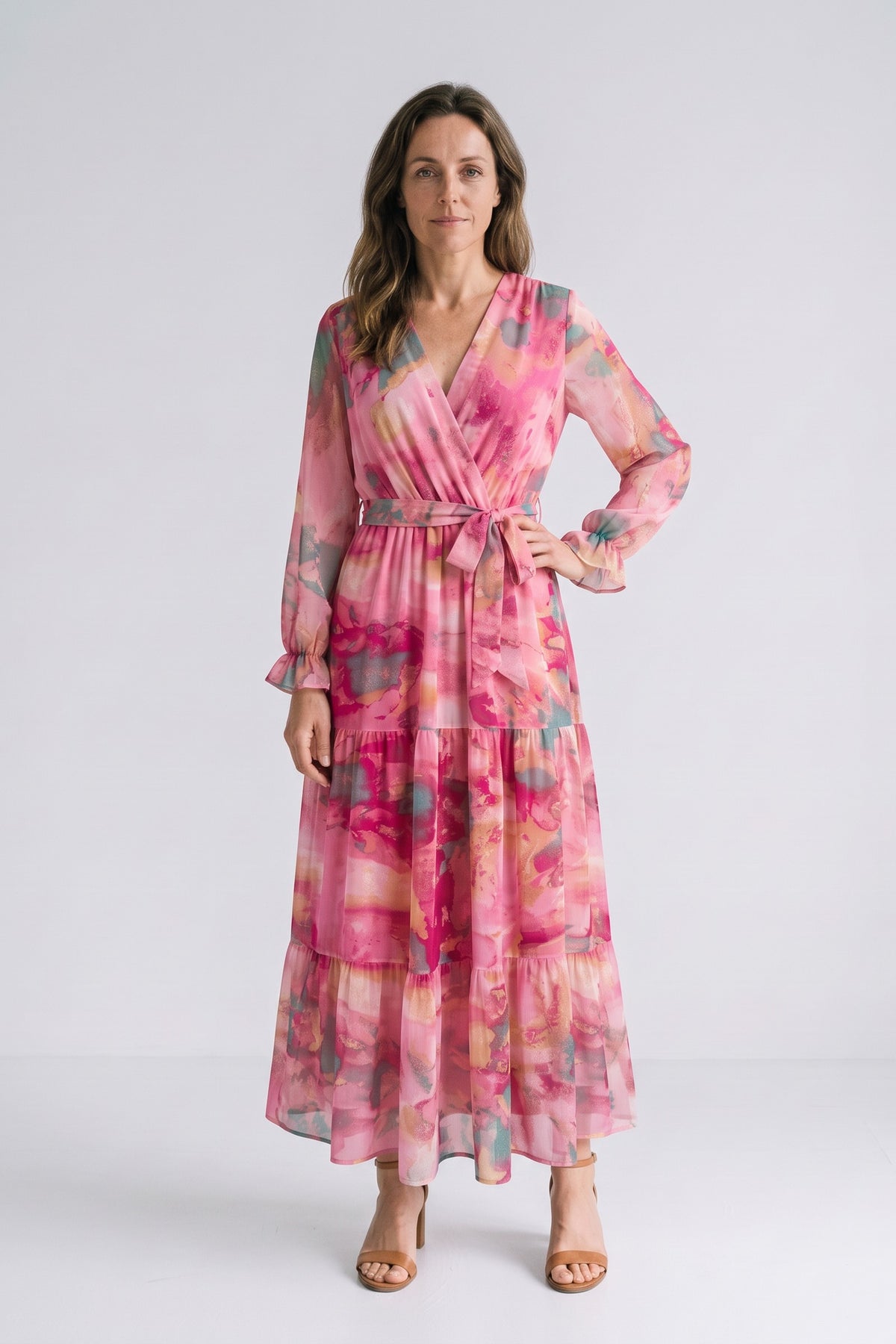 Women's Fall Wedding Guest Dress | Floral Long Sleeve Maxi — Pink Floral — front view — on model