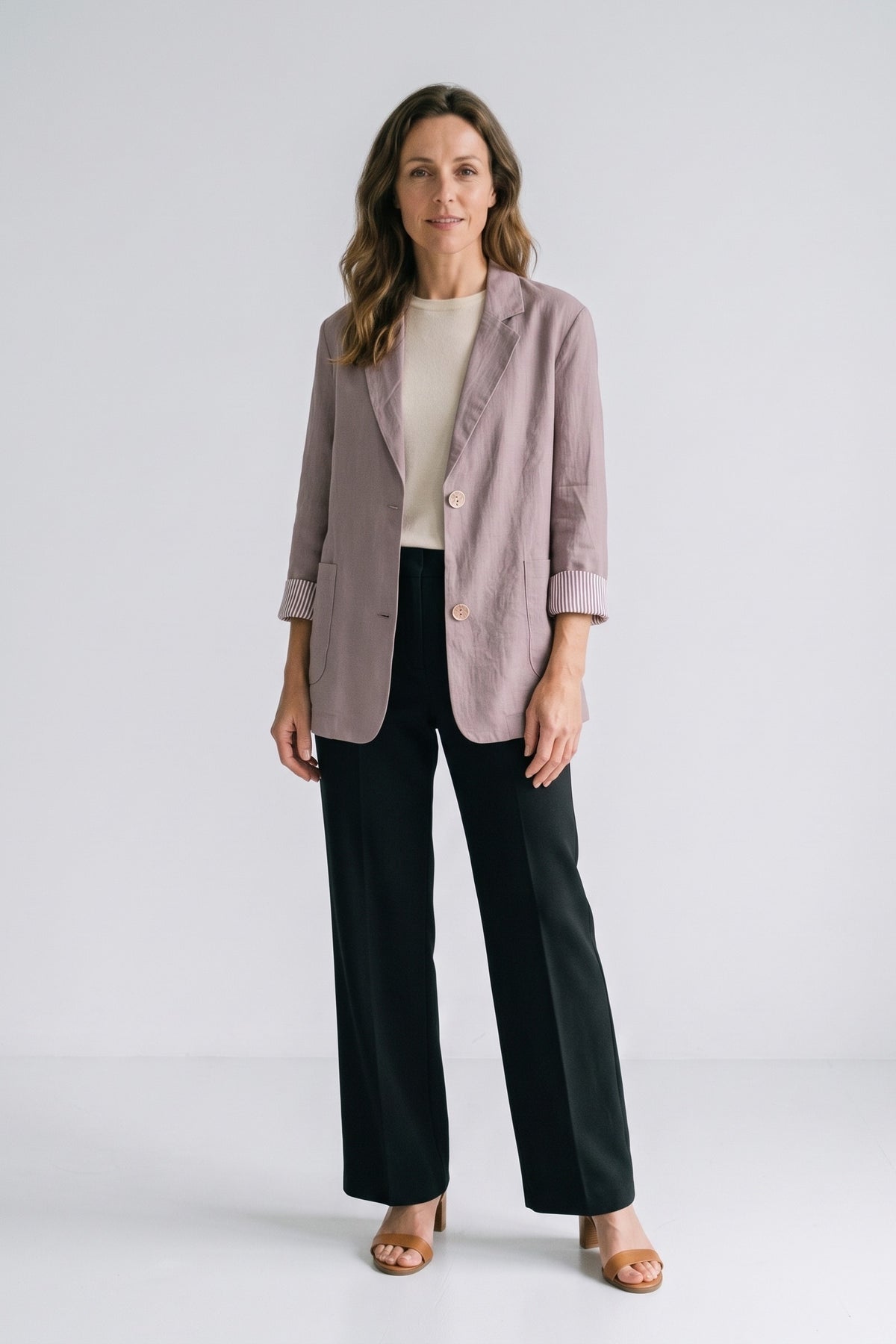 Women's Notched Lapel Blazer | Curved Hem — Pink — front view — on model