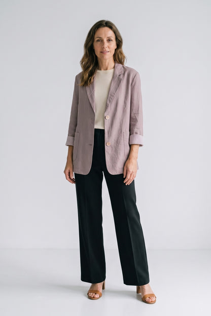 Women's Notched Lapel Blazer | Curved Hem — Pink — front view — on model