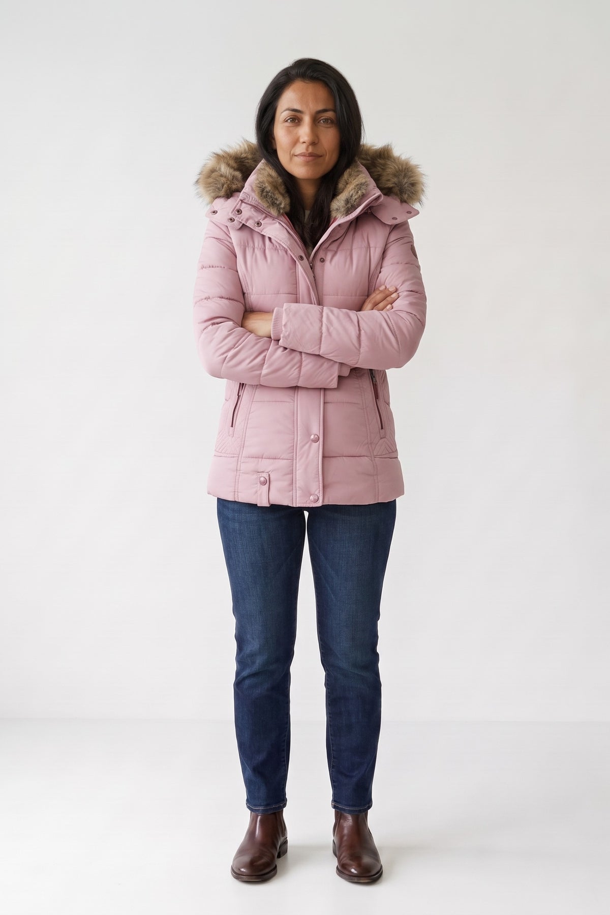 Women's Puffer Jacket | Fur-Trimmed Hood — Pink — front view — on model