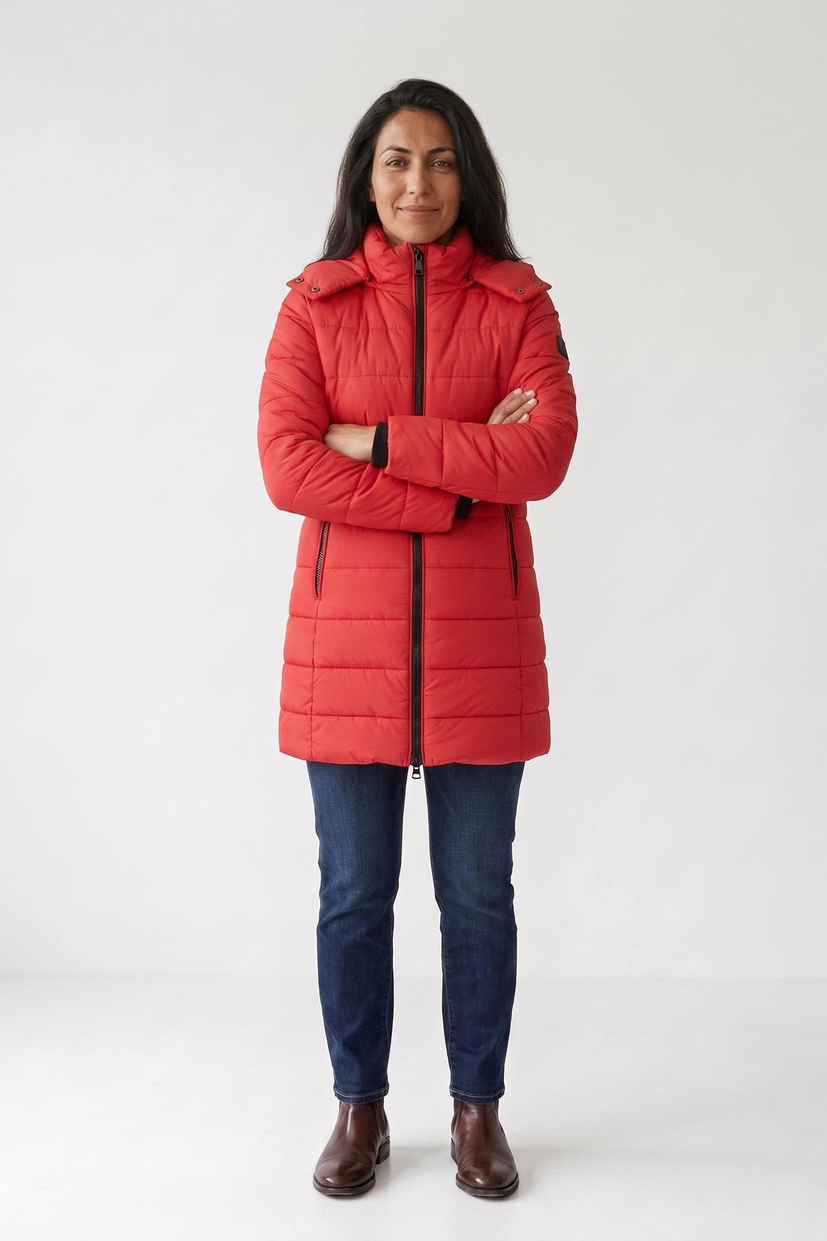 Women's Longline Puffer Coat | Hooded — Red — front view — on model